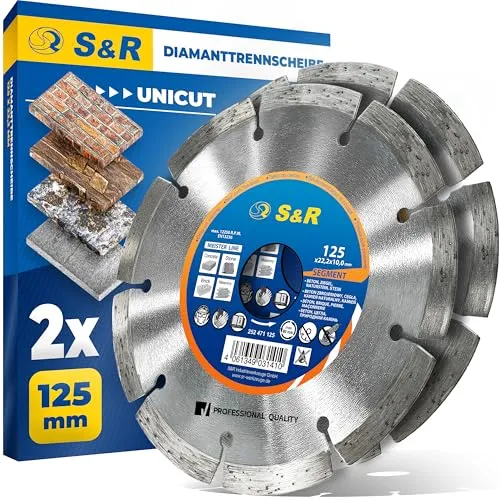 S&R Diamanttrennscheibe 125 x 22,2 mm, Profi Qualität, Hochleistungs-Segmente, UNIVERSAL, Ø 125 mm, zum Trennen von Beton, Naturstein, Stein, Ziegel, Mauerwerk