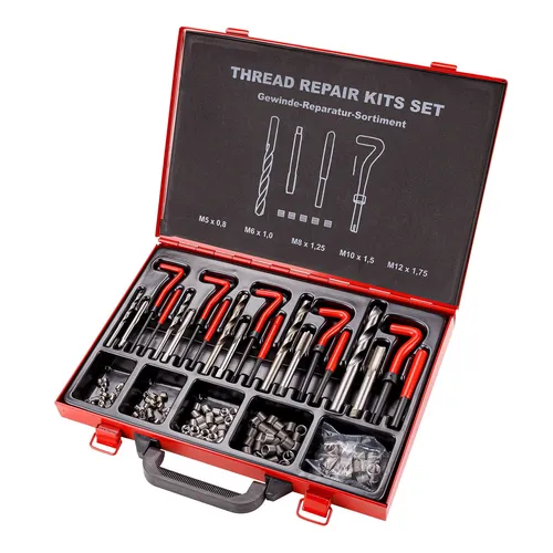 131-teilig Gewindereparatursatz - Komplettes Gewindereparatur Set für M5 bis M12, inklusive Spiralbohrer und Gewindeeinsätzen – ideal für professionelle Instandsetzung.