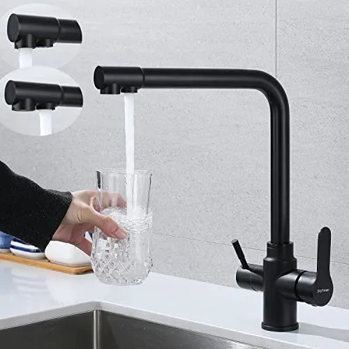 SkyPanda 3 Wege Küchenarmatur, Trinkwasser Wasserhahn mit Doppelhebel, Durchdringung 3-in-1, 360° drehbarer Mischer, mit 2-Auslässen, Edelstahl SUS304, Schwarz Matt