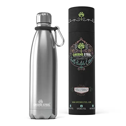 Greens Steel Edelstahl Trinkflasche - 500 ml, Silber I Doppelwandige vakuumisolierte Wasserflasche I Mit Karabiner & Geschenkbox I Wiederverwendbar & auslaufsicher für Erwachsene & Kinder, BPA frei
