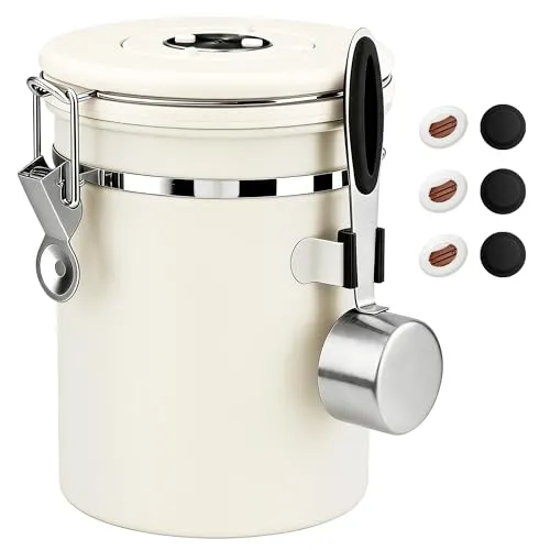 ShanSon Kaffeedose, luftdicht, Edelstahl, Kaffeebohnen-Aufbewahrungsbehälter mit Schaufel, Kaffeedose für Bohnen, gemahlen, Zucker, Mehl, Tee, Müsli, 1800ml, Beige