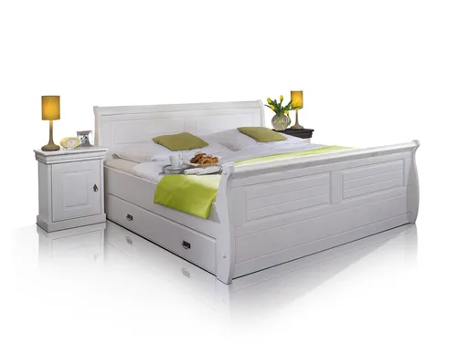 Roman Massivholzbett Kiefer Weiss 100 x 200 - Landhausstil Bett mit Bettkasten, aus hochwertigem Kiefernholz, ideal für platzsparende Lösungen und ein gemütliches Schlafzimmer.
