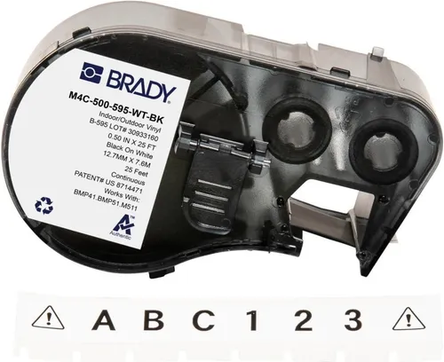 Brady M4C-500-595-WT-BK Endlos-Etikett aus Vinyl, 12,7 mm x 7,62 m - Etiketten für vielseitige Anwendungen, extrem haftstark, ideal für glatte und raue Oberflächen, sehr widerstandsfähig gegen Öl und Chemikalien.