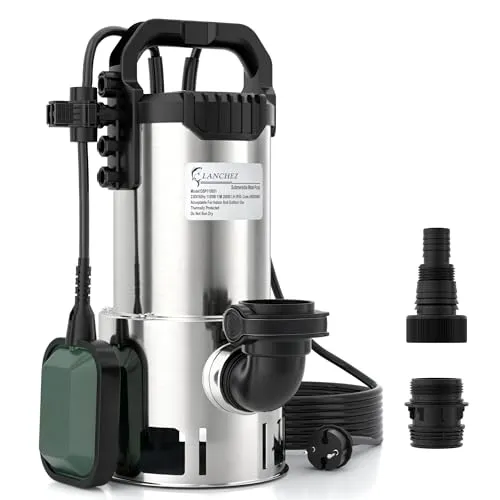 LANCHEZ Edelstahl Schmutzwassertauchpumpe 1100W, 20.000 l/h, Förderhöhe 11 m, Max durchlässige Partikelgröße: 3,5 cm, Einstellbarer Schwimmerschalter, Thermoschutz, für Pool, Schacht, Garten