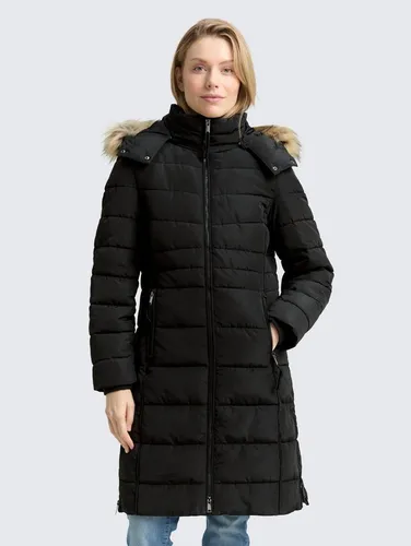 TOM TAILOR Damen Puffer-Mantel mit Abnehmbarer Kapuze, Deep Black, S - Stylische Winterjacke mit abnehmbarer Kapuze und praktischem 2-Wege-Reißverschluss. Ideal für kühle Tage und bietet Platz für Essentials in den Reißverschlusstaschen. Hergestellt aus nachhaltigem Material für umweltbewusste Mode.