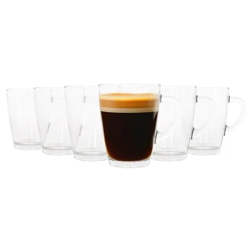 LAV 6 x transparente 350-ml-Vega-Kaffeetassen aus Glas – große hitzebeständige Trinkbecher für Tee, Latte, Cappuccino, heiße Schokolade, Gläser-Set mit Henkel