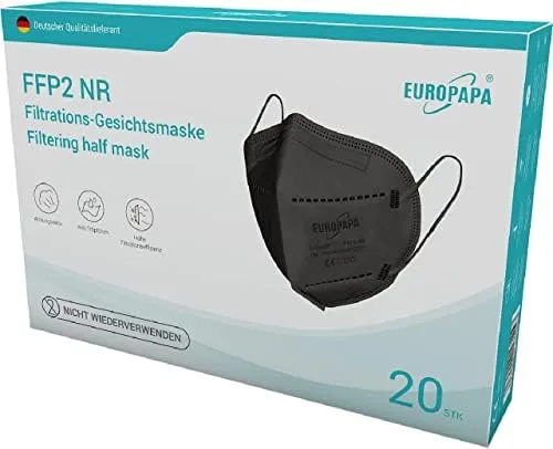 EUROPAPA® 20x FFP2 Masken Schwarz 3D-Form Atemschutzmaske 5-Lagen Staubschutzmasken hygienisch einzelverpackt Stelle zertifiziert EN149:2001+A1:2009 Mundschutzmaske EU2016/425