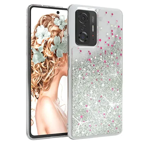 EAZY CASE Hülle kompatibel mit Xiaomi 11T 5G / 11T Pro 5G Schutzhülle mit Flüssig-Glitzer, Handyhülle, Schutzhülle, Back Cover mit Glitter Flüssigkeit, TPU/Silikon, Transparent/Durchsichtig, Silber