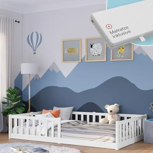 Bellabino Vere Bodenbett 120x200 cm – Montessori Kinderbett mit Matratze und Rausfallschutz - Gemütliches Kleinkindbett 120x200 cm aus stabilem Kiefernholz, inklusive Lattenrost und allergikerfreundlicher Matratze – ideal für einen sicheren Schlafplatz und einfaches Aufbauen.