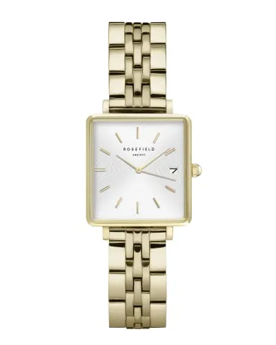 ROSEFIELD Damenuhr Boxy XS Gold eckig QMWSG-Q021 - Armbanduhren: Trendige eckige Quarzuhr mit edlem Edelstahlarmband und einfachem Bandwechsel-System für individuellen Style.