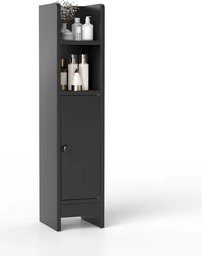 COSTWAY Toilettenschrank, Badschrank, Badezimmerschrank mit 2 Fächern & 2 Ablage, Badregal Holz, Aufbewahrungsschrank, 20x18x80cm, Schwarz