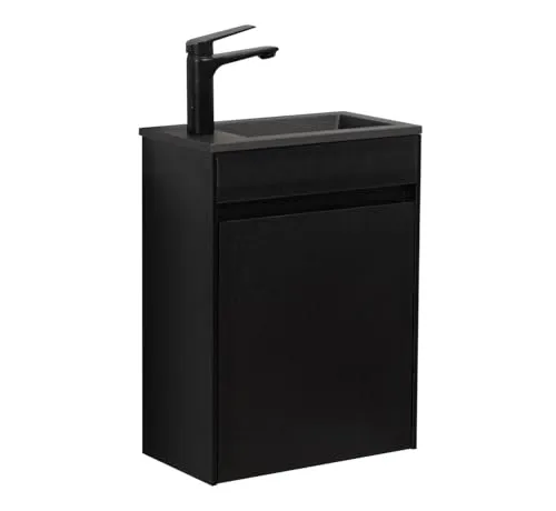 Badplaats B.V. WC Badmöbel Sinta 40x22 cm Schwarz - Komplettprogramm für Badezimmer mit vormontiertem, wandhängendem Unterschrank und Kunstmarmor-Waschbecken. Ideal für platzsparende Lösungen und stilvolle Gestaltung.