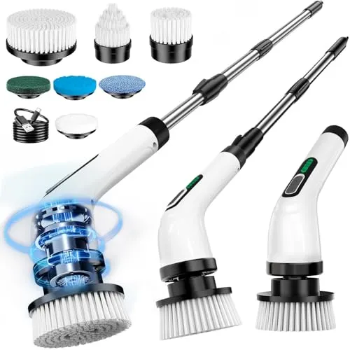 FYDEE Elektrische Reinigungsbürste, Putzbürste Elektrisch mit 3000mAh Akku, 7 Bürstenköpfen und Verstellbarem Griff, IPX7 Wasserdicht, 2 Geschwindigkeiten, Reinigungsbürste für Badezimmer, Fliesen
