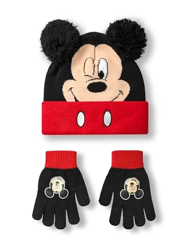 Disney Set aus Mütze und Handschuhen mit Mickey-Mouse-Motiv für Jungen | Schwarz-rote gestrickte Wintermütze mit Pom Poms | Mütze und Handschuhe für Kinder in Einheitsgröße mit Micky-Maus