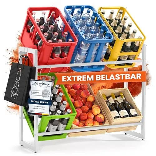 Heldenwunder Getränkekistenregal (6 Kisten) Metall 2 Haken - Höhenverstellbar, Extrem Standfest | Bierkisten-Regal Wasser-Kistenregal Getränke-Regal Weinkistenregal Getränkekisten Flaschenregal