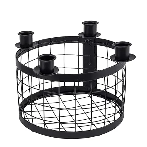 Metall Adventskranz mit Korb schwarz - Ø 23 cm - Kerzenhalter mit 4 Kerzenhaltern für Stabkerzen - Weihnachten Advent Winter Tisch Deko Kerzenständer mit Gitterkorb zum Dekorieren (23 cm)