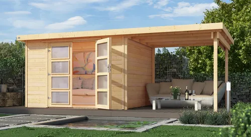 Weka Holz-Gartenhaus Flachdach Unbehandelt 529 cm x 237 cm - Holz-Gartenhaus mit 5,8 m² Fläche, modernem Design und praktischem überdachten Außenbereich für flexible Nutzung. Robuste Konstruktion mit einfacher Montage dank Steck- & Schraubsystem.