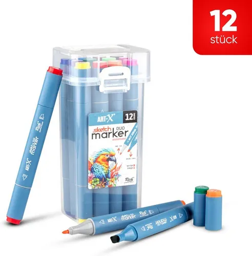 ART-X Marker Skizzen Duo Marker Set - 12 Farben, Alkoholbasiert, Sketch Marker, (Doppelspitzen-Marker-Set, 12-tlg., 12 Farben, Fein- & Keilspitze), Alkoholbasis, Schnelltrocknend, Lichtecht, Doppelseitig