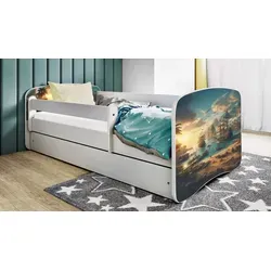 Raumhirsch Kinderbett Schiff mit Schublade, 80x180 cm - Robustes Kinderbett in Weiß mit abnehmbarer Schutzschiene und geräumiger Schublade für praktischen Stauraum. Inklusive verstellbarem Lattenrost und waschbarer Matratze für maximalen Komfort.