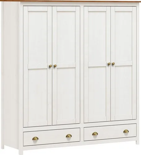 Möbilia Kleiderschrank | 4 Türen, 2 Schubladen | Kiefer massiv - Kleiderschrank aus massivem Kiefernholz, bietet viel Stauraum mit Kleiderstange und Einlegeböden. Stilvolle weiße Lackierung mit brauner Abdeckplatte für ein modernes Ambiente.