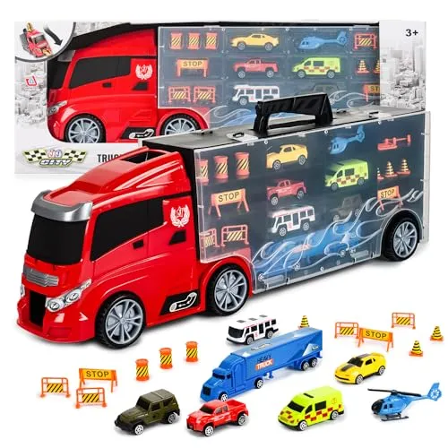CELMAN LKW Transporter mit Mini Autos, Spielzeug-LKW zur Aufbewahrung, inkl. 7 Fahrzeuge und Zubehör, mit Abschussrampe, sicher für Kinder ab 3 Jahren