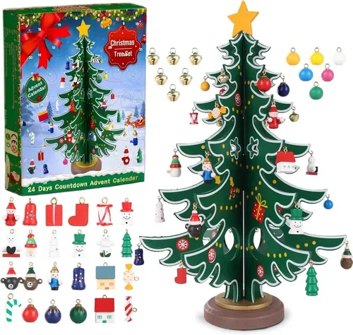 Adventskalender 2024 Tisch-Weihnachtsbaum mit 29 Ornamenten Weihnachten