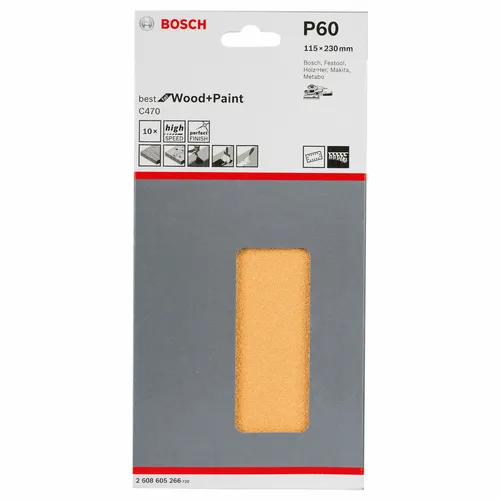 Bosch Schleifblatt C470, 115 x 230 mm, 60, 14 Löcher, Klett, 10er-Pack