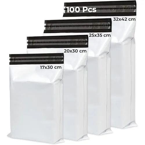 UGIX Versandtaschen, Pakettaschen, Kunststoff, 100 Stück, 4 verschiedene Größen, selbstklebend, Verpackung für Kleidung, wasserfest und reißfest, ideal für kleine Unternehmen, Weiß
