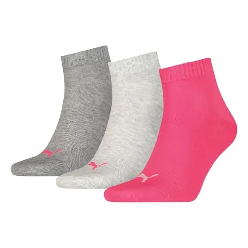 PUMA Unisex Sportsocken Kurzsocken Quarter Socken 3 Paar, Farbe:Mehrfarbig, Größe:39-42, Artikel:-656 middle grey melange/pink