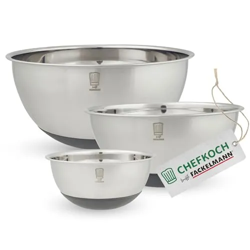 FACKELMANN Chefkoch trifft 3-teiliges Premium Schüsselset aus Edelstahl, inkl. Antirutschboden aus Silikon, 1,25l, 2,5l, 4l, ideal für Salate, Teige & mehr, spülmaschinengeeignet