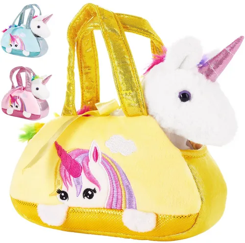 BRUBAKER Kuscheltier Einhorn Tasche Regenbogen 20 cm (1-St., Plüschtier in Handtasche), Glitzer Stofftier