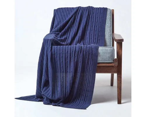Plaid Baumwolldecke mit Zopfmuster, marineblau, 130 x 170 cm - Bettdecken - Stilvolle Wohndecke aus 100% Baumwolle, ideal für maritimes Flair in jedem Raum, leicht kombinierbar und in verschiedenen Farben erhältlich.