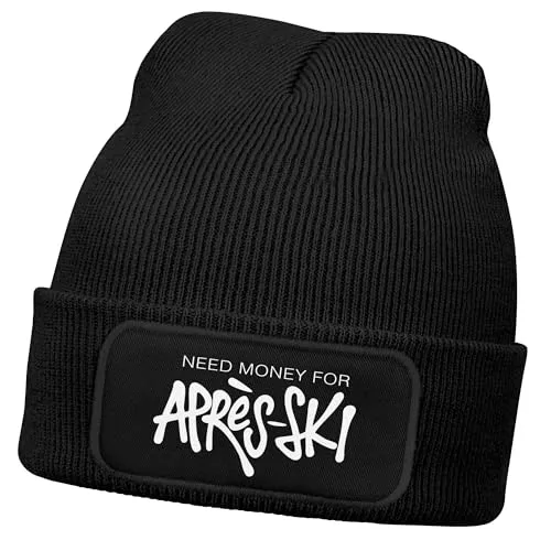 MoonWorks® Herren Beanie mit Spruch Need Money for Après-Ski Strickmütze Aufdruck Lustig Mütze Männer Wintermütze Skifahren Schwarz Unisize