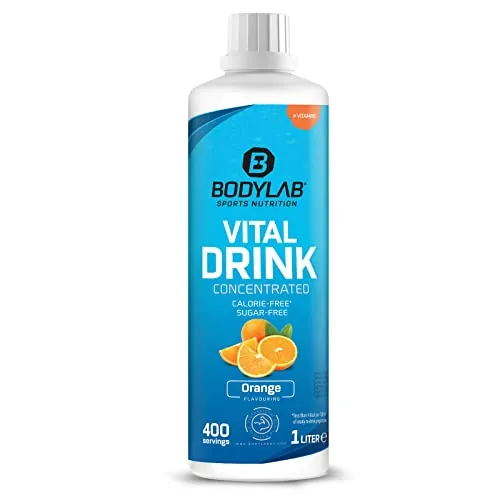 Bodylab24 Vital Drink Concentrated Orange 1000ml, Getränkekonzentrat zuckerfrei, Zero Sirup, mit Vitaminen und L-Carnitin, Sportgetränk mit wenig Kalorien