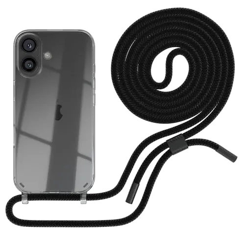EAZY CASE - Handykette kompatibel mit iPhone 16 - dünne Handyhülle für iPhone 16 Hülle mit Band als Fallschutz Kette zum Umhängen transparente Hülle Silikon in Schwarz