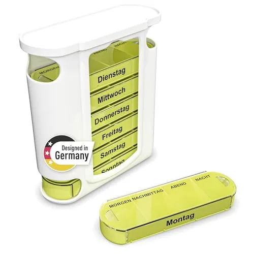 Weinberger „PillVoyage“ Tablettenbox 7 Tage | Medikamentenboxen mit 4 Fächern pro Tag | Pillendose als kompakter Organizer | Pillenbox für morgens, mittags, abends, nachts (Pillenbox 7 Tage – Grün)