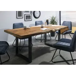 Baumtisch Mango 220x100x77 – U-Beine anthrazit glänzend - Massivholz Esstisch mit einzigartiger Baumkante, 220 cm lang. Hochwertige Lackierung bewahrt die natürliche Holzfarbe. Modernes Kufengestell aus Eisen in glänzendem Anthrazit für stilvolles Ambiente. Ideal für jeden Essbereich!