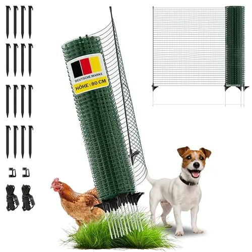 horizont Begrenzungszaun FIX, mobiler Zaun 20m lang & 80cm hoch, engmaschig 17x17mm, 12 Fiberglaspfähle, Beetschutz, Gartennetz, ideal für Camping, Hundezaun, Absperrzaun, Steckzaun