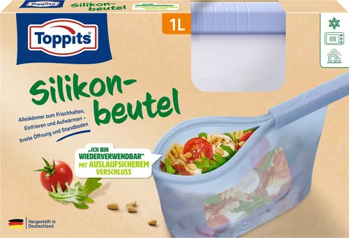 Toppits® Silikonbeutel - BPA-frei, 1 Liter - Haushaltsrollen, Folien & Papier - Wiederverwendbare Silikonbeutel, ideal zum Frischhalten, Einfrieren und Aufwärmen, auslaufsicher und spülmaschinengeeignet.