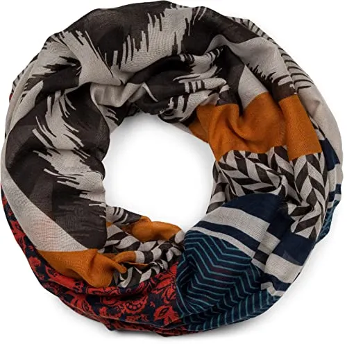 styleBREAKER Damen Loop Schal im Zick-Zack Paisley Muster Mix, Schlauchschal leicht mehrfarbig bunt, Tuch 01017145, Farbe:Rot-Orange