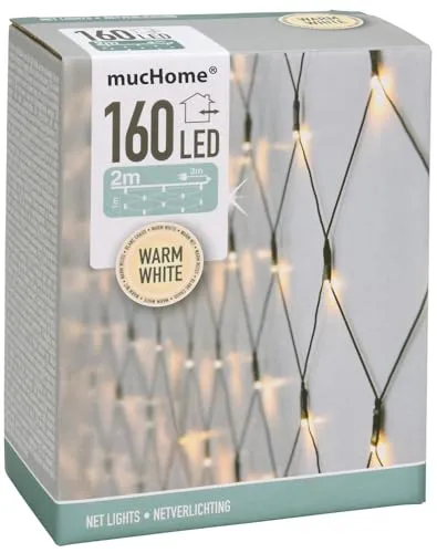 mucHome Lichterkette Lichternetz 160 LED warmweiß IP44, 2x1m Weihnachtsbeleuchtung mit Netzteil für Innen und Außenbereich Lichtervorhang Weihnachten (200cm - 160 LED)