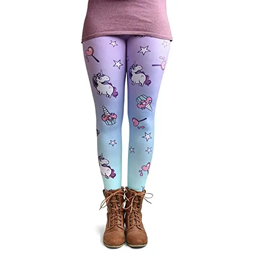 cosey - Bedruckte Bunte Leggins (Einheitsgröße) Verschiedene Leggings Designs, Einhörner und Süßigkeiten, Einheitsgröße