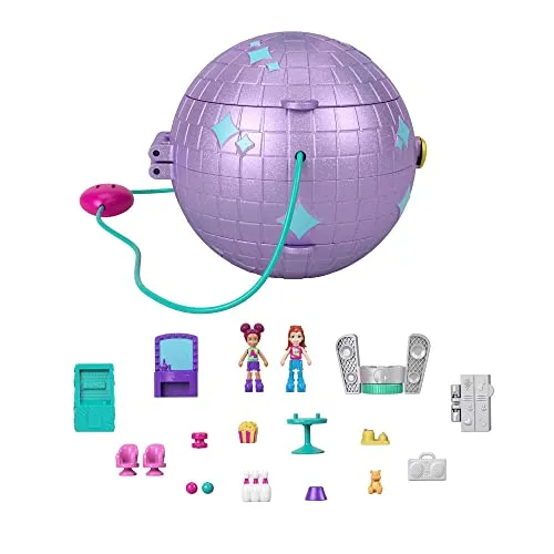 Polly Pocket HCG24 - Skating Spielset, Disco-Thema mit 2 Micro-Puppen, 15 Zubehörteilen und Pop Swap-Funktion, kreatives Spielzeug für Abenteuer unterwegs
