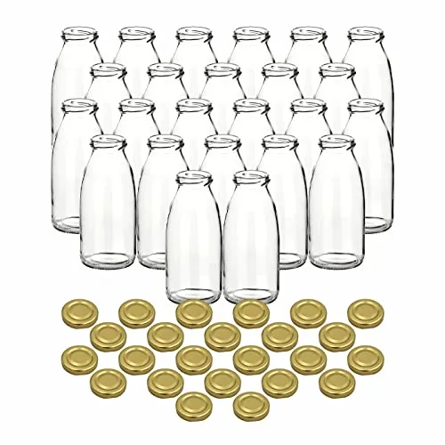 gouveo 24er Set 250 ml Glasflasche mit goldfarbenem Schraubdeckel - Hochwertige 250 ml Glasflaschen mit TO 43 Schraubverschluss, ideal für Säfte, Smoothies und mehr. Wiederverwendbar und spülmaschinenfest – perfekt für nachhaltige Aufbewahrung!