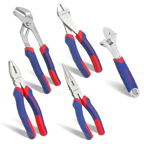 WORKPRO Zangen Set Haushalt Zangensatz Kombizange Spitzzange Seitenschneider Wasserpumpenzange Rollgabelschlüssel 5 teilige