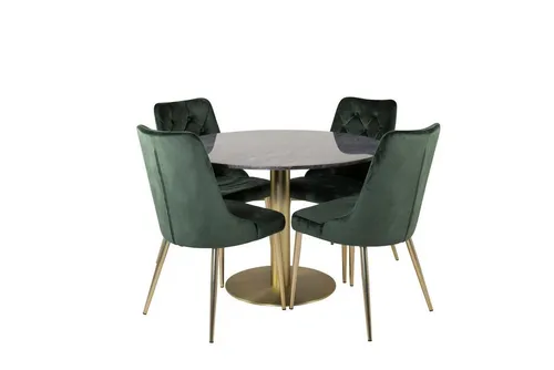 ebuy24 Essgruppe Estelle Ø106BLBR – Eleganter Esstisch mit 4 Stühlen - Das 5-teilige Essgruppen-Set EstelleØ106BLBR kombiniert einen stilvollen schwarzen Marmortisch mit 4 eleganten Velvet Deluxe-Stühlen in Veloursgrün. Ideal für moderne Küchen und Esszimmer.