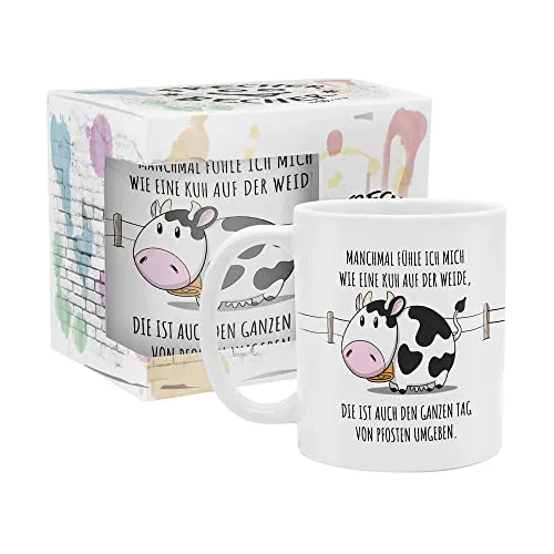 yvolve - Kuh Pfosten - Tasse aus Keramik mit lustigem Spruch rundum bedruckt mit Verpackung - Spülmaschinenfest