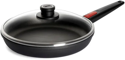 Woll Titanium Nowo Gusspfanne 28 cm rund mit Glasdeckel - Pfanne mit 8 mm starkem Aluminium-Kokillen-Guss, schnittfester Antihaftversiegelung und abnehmbaren Stielen – ideal für vielseitige Zubereitungen und backoffentauglich.