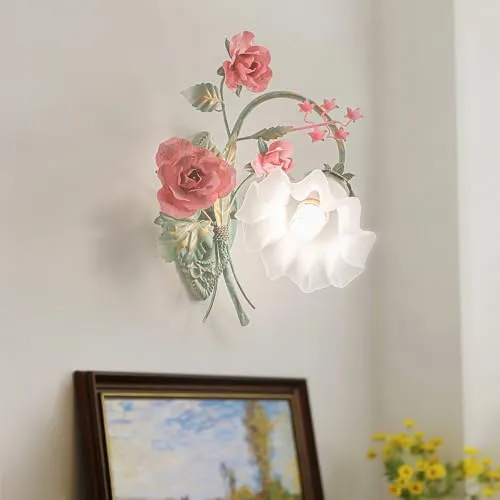 meibeileil Vintage Blumen Wandlampe,Metall Wandleuchte Innen Mit Floralem Glaslampenschirm,Retro Wandleuchten FüR Schlafzimmer Flur treppenhaus Gang Art Deco,E27,40X40Cm Links