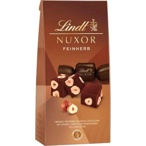 Lindt Schokolade | NUXOR Dunkel, 113g Beutel, Geschenk | ca. 9 Würfel, Dunkle Gianduja Schokolade, ganze Haselnüsse, zum Teilen & Verschenken, Genussmomente